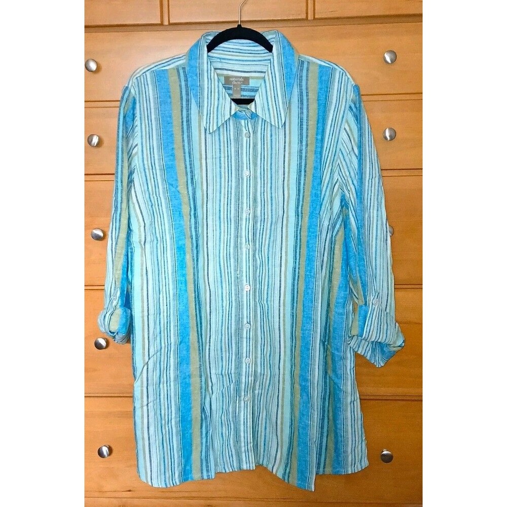Denim Co Naturals Womens XL Blue Striped Linen Blend Long Slv Button Shirt Top